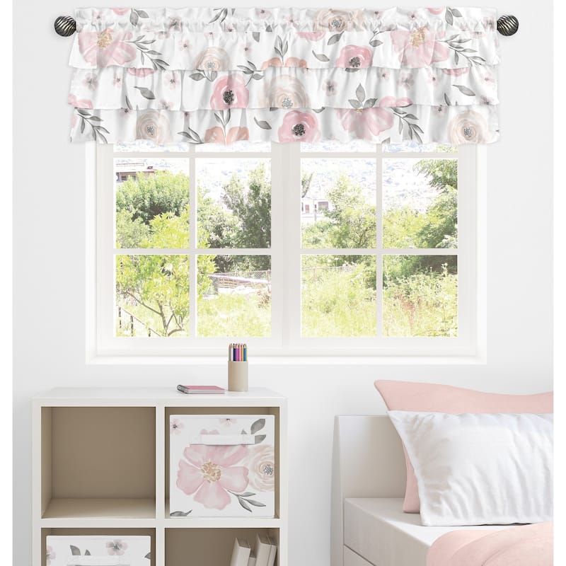 Pink and Grey Watercolor Floral Window Curtain Valance - Blush Gray White Shabby Chic Rose Flower Polka Dot Tiered Ruffled