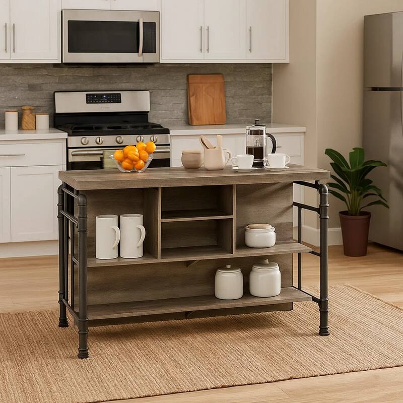 59 Inch Kitchen Island with 2 Shelves, Industrial Antique Oak Brown, Gray
