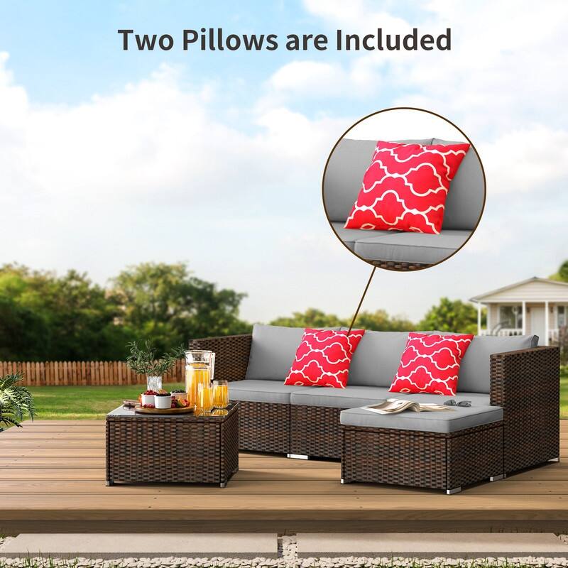 5-Pieces Outdoor Sectional Set, Patio Conversation Set, Rattan Sectional Sofa Set with Coffee Table