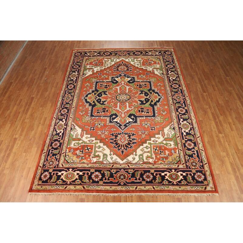 Medallion Heriz Serapi Indian Rug Hand-Knotted Orange Wool Carpet - 8'10"x 11'11"