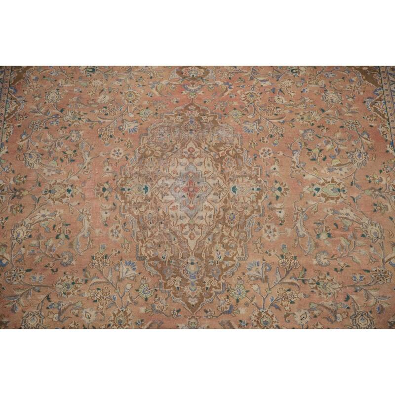 Hand Knotted Oriental 100% Wool Carpet Traditional Floral Coral Mashad Area Rug - 12' 6'' X 9' 2''