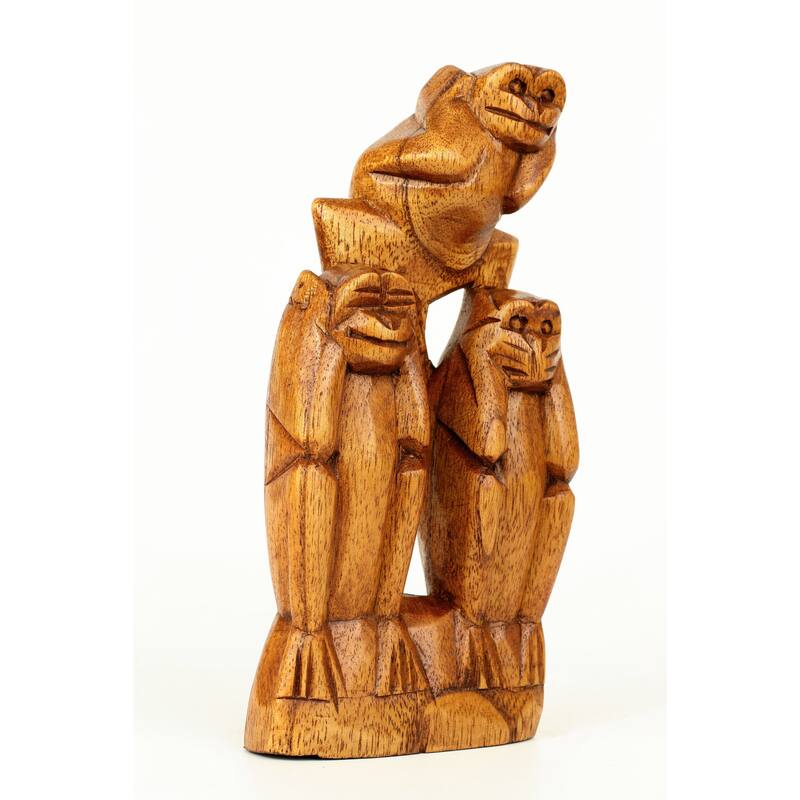 Wooden Hand Carved 3 Standing Monkeys See, Hear, Speak No Evil Figurines Handmade Art Statue Rustic Sculpture Handcrafted