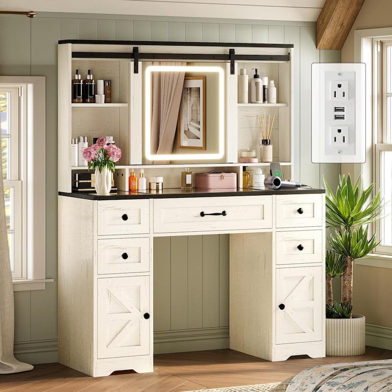 Vanity Desk Barn-Door Sliding Mirror & Power Outlet Glass Top - Antique White