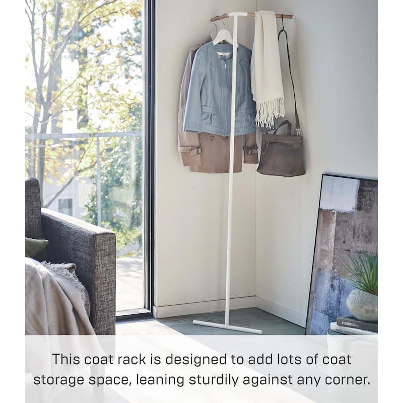 Yamazaki Home Corner Leaning Coat Hanger, Steel and Wood - L 12.4 x W 19.09 x H 62.99 inches