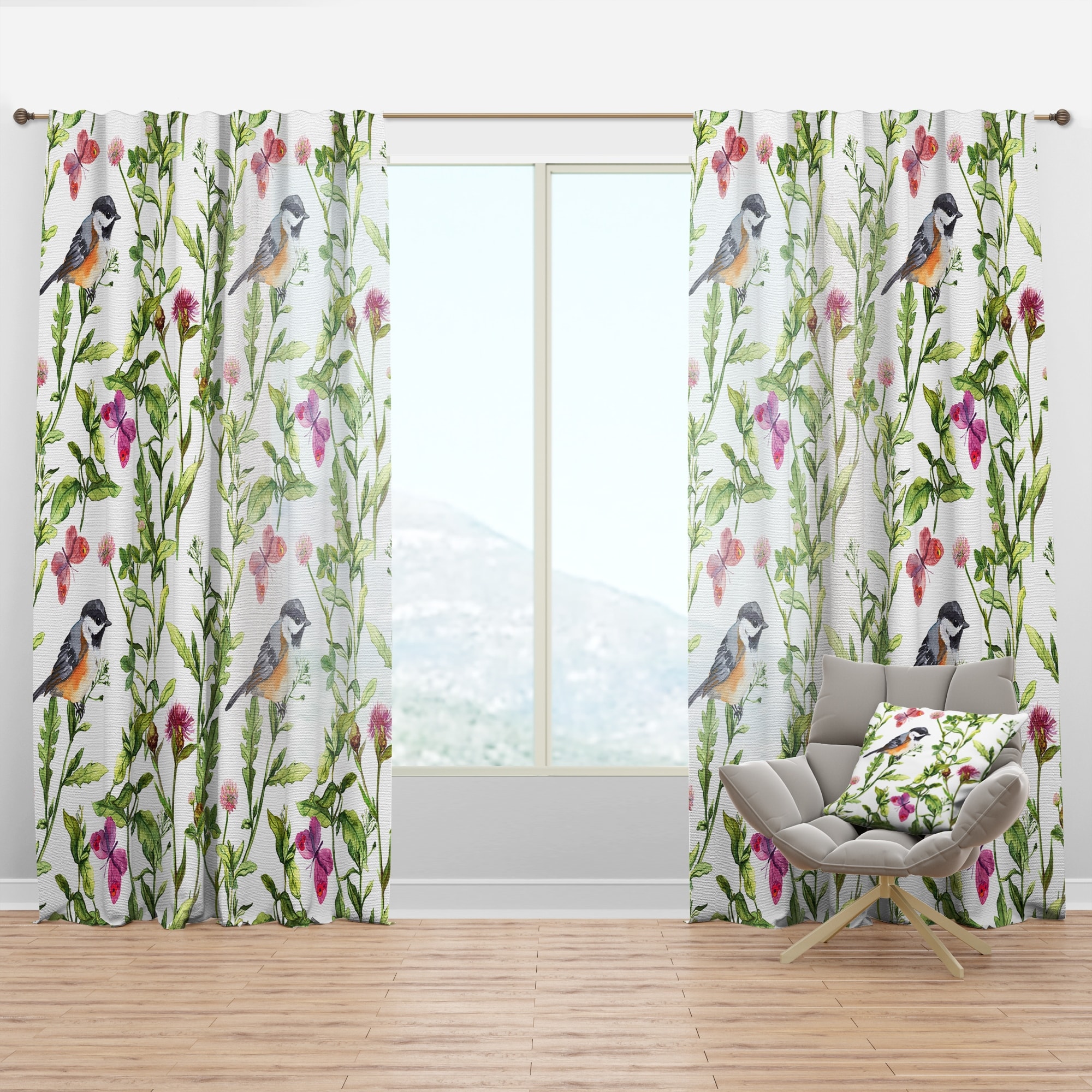 Designart Meadow With Butterflies Birds And Herbs Floral Curtain Panel On Sale Overstock 29625577