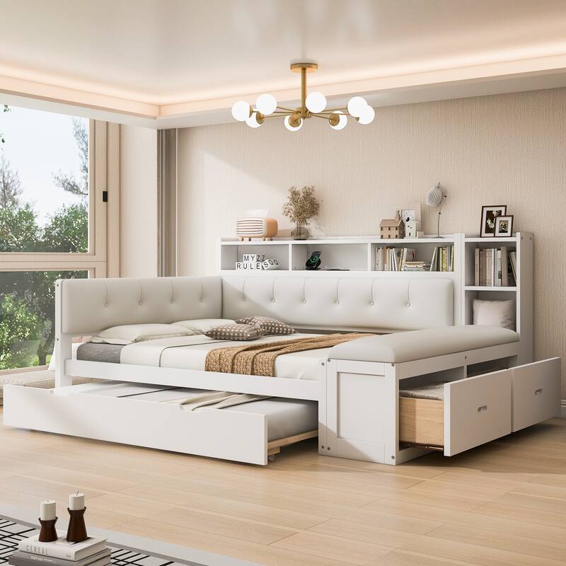 GDFStudio - Modern Wooden Full Size Daybed with Trundle, Bench Storage and Charging Station