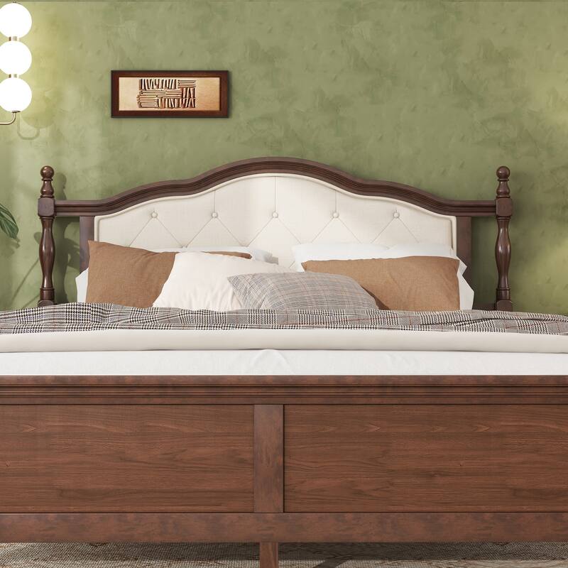 Queen Pine Wooden Bed with Upholstered Headboard and Panel Footboard, Walnut