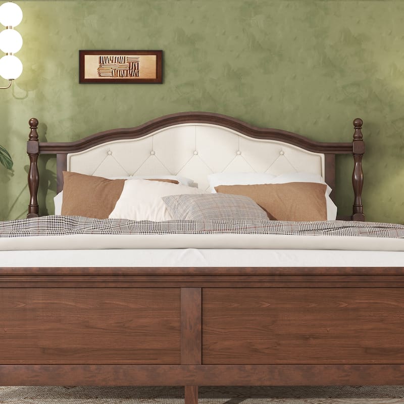 Roomfitters Queen Pine Wood Bed Frame with Upholstered Headboard and Panel Footboard, Reinforced Platform Support Design, Walnut