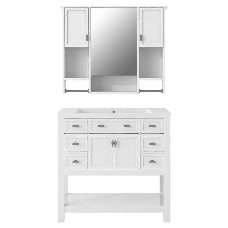 36'' Bathroom Vanity Set with Mirror Cabinet, Freestanding Bathroom Storage Cabinet with 2 Soft Close Doors and 6 Drawers