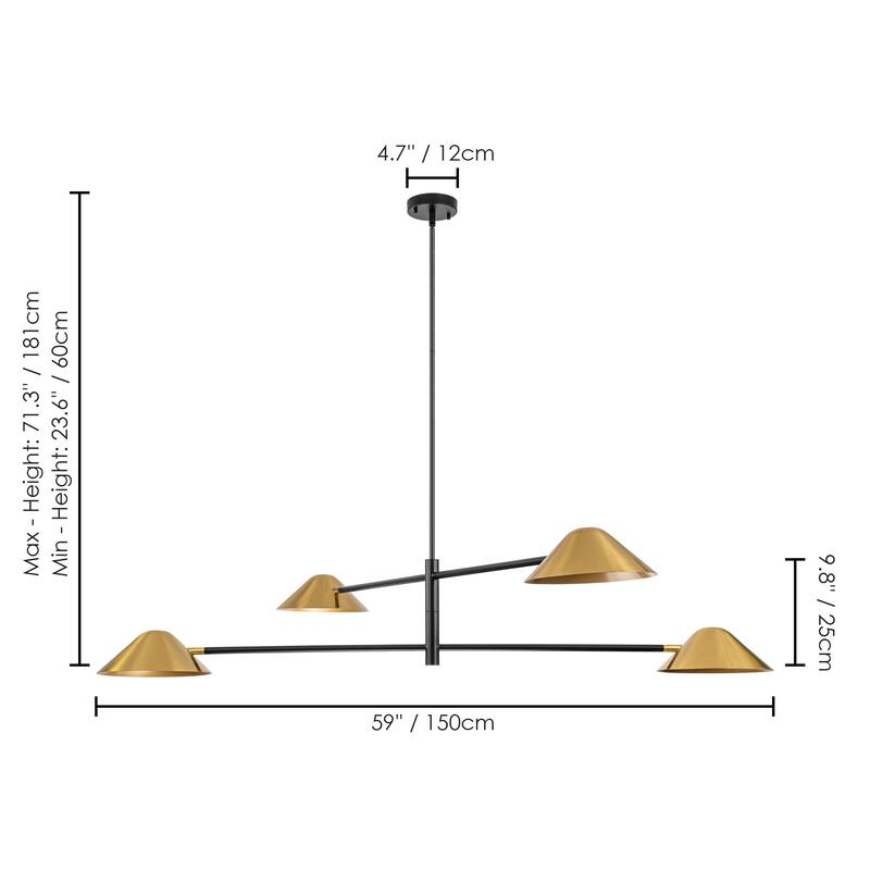 4-Light Mid-Century Modern Industrial Oversized Sputnik Pendant Light Cone Linear Chandelier - 59 in. W x 9.8 in. H