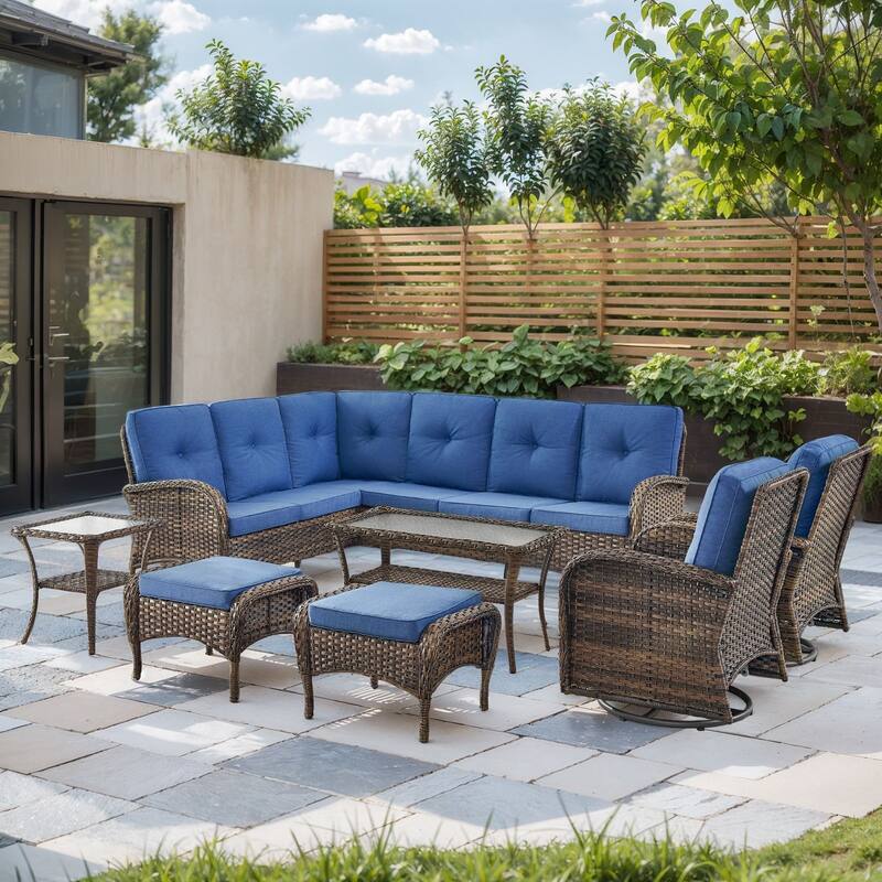 Outdoor Sectional Sofa with Chair Funiture Set - Brwon Wicker Blue Cushion - 8PCS Sectional Sofa w/ Swivel Chair Ottoman