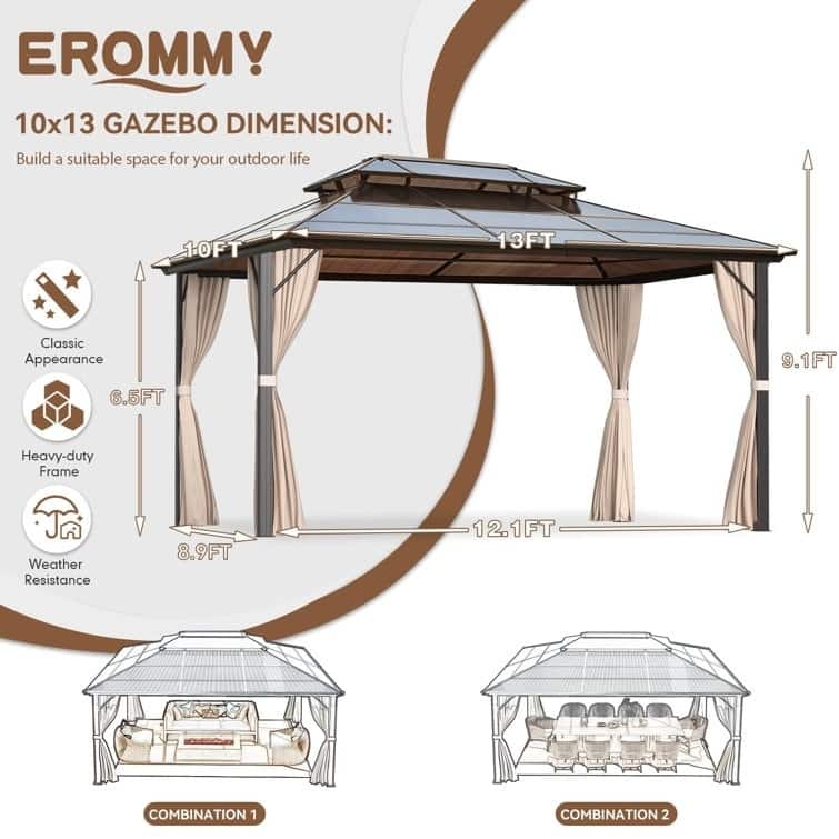 Outdoor Hardtop Gazebo for patio,Polyester Double Roof Canopy, Permanent Pavilion with Aluminum Frame,Curtains & Netting