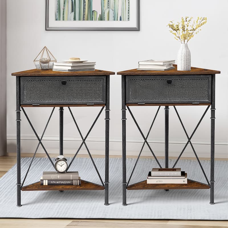 VECELO Modern Set of 2 Corner Nightstands Storage Corner Cabinet with Flip Door - Brown