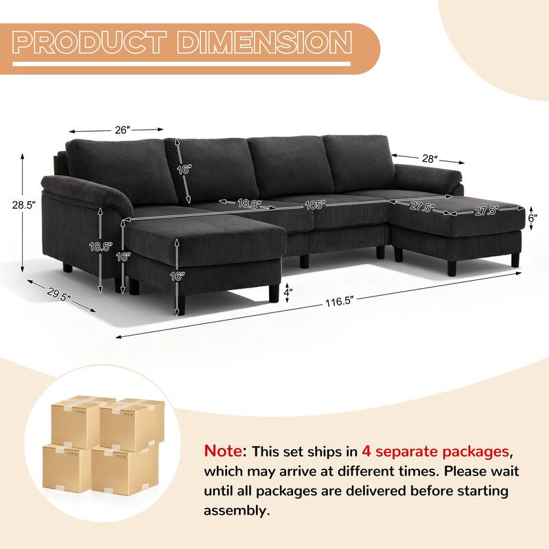116.5" Corduroy U-Shaped Modular Sectional Sofa with 2 Movable Ottomans