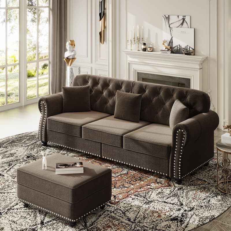 Mid Century Modern Couch, Velvet Chesterfield Sofa Button Tufted Oversized Loveseat Sofa with Nailhead Trim & Roll Armrests - Brown - 3 Seat+1 Ottoman