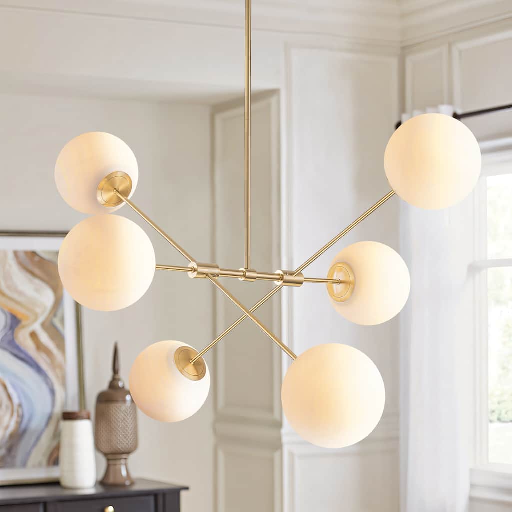6-Light Mid-Century Modern Brass and Glass Globe Sputnik Chandelier for Living Room - 6 Light