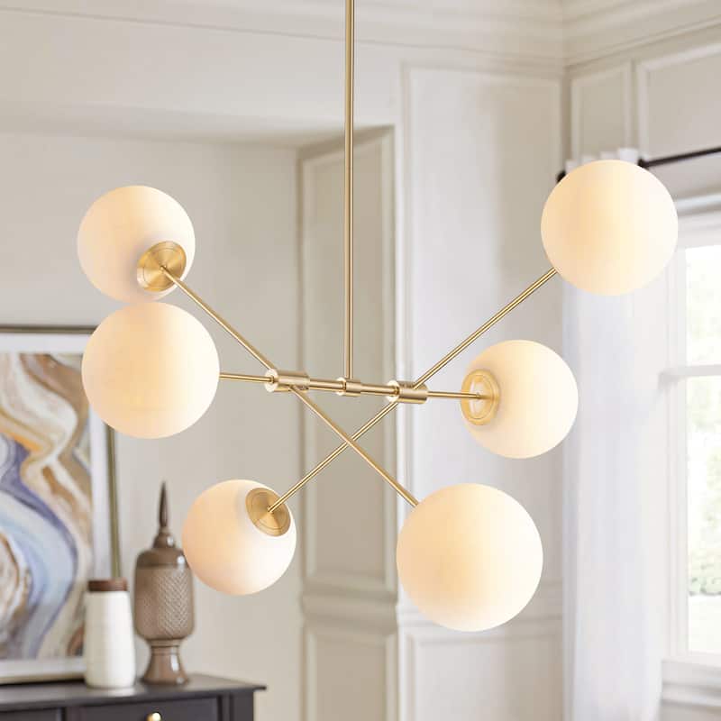 6-Light Mid-Century Modern Brass and Glass Globe Sputnik Chandelier for Living Room - 6 Light - White