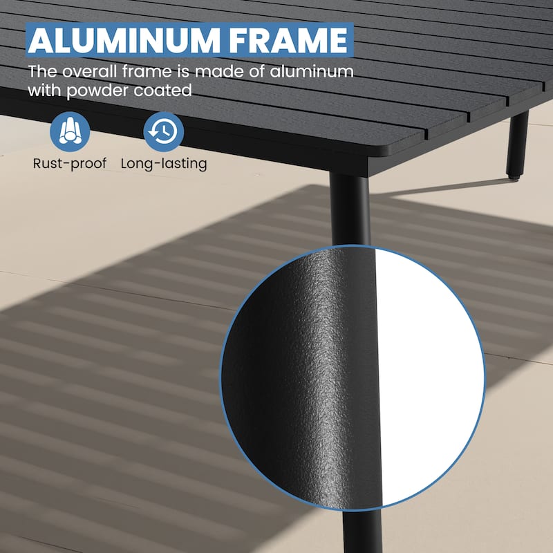 9PC Outdoor Patio Dining Set WoodLike Aluminum Umbrella Hole Table with Folding Chairs,Double Top Market Umbrella and Wheel Base