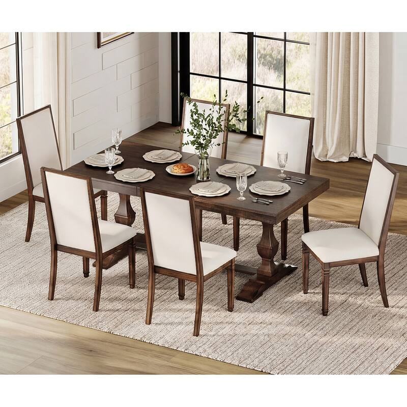 Farmhouse Dining Chair and Bench Set, Solid Wood Upholstered Armless Chair and Dining Bench with Turned Legs - 6 Piece - Rustic Brown