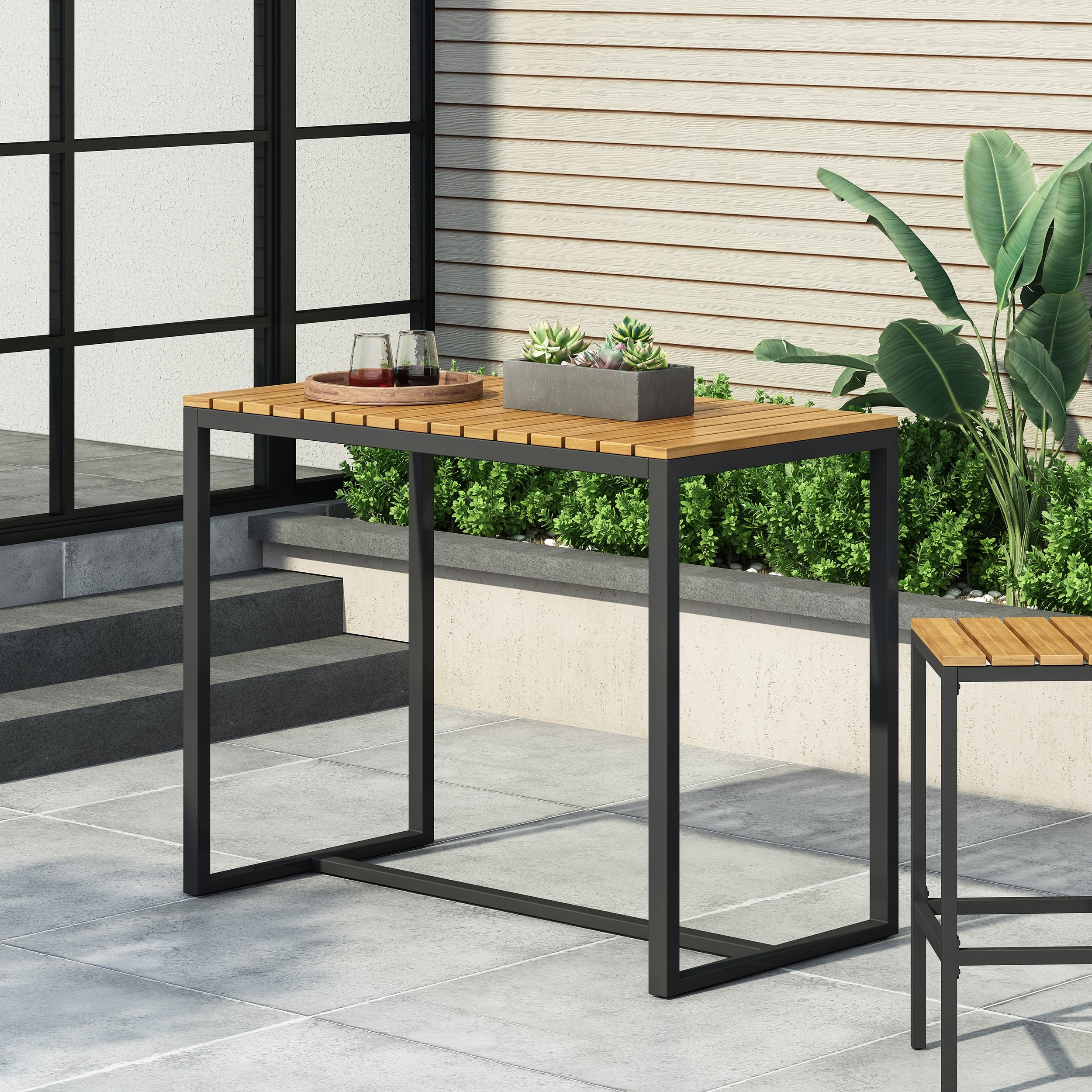 Alan Outdoor Modern Industrial Acacia Wood Bar Table Bed Bath