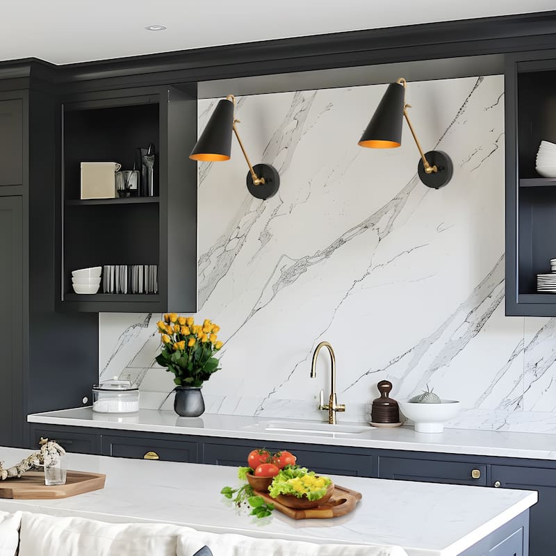 Modern Industrial Black Gold Plug-in Adjustable 1-Light Wall Sconces