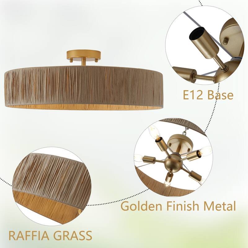 5-Light Natural Raffia Semi Flush Mount Ceiling Light- Farmhouse Rustic - 21.65"x21.65"x7.2"
