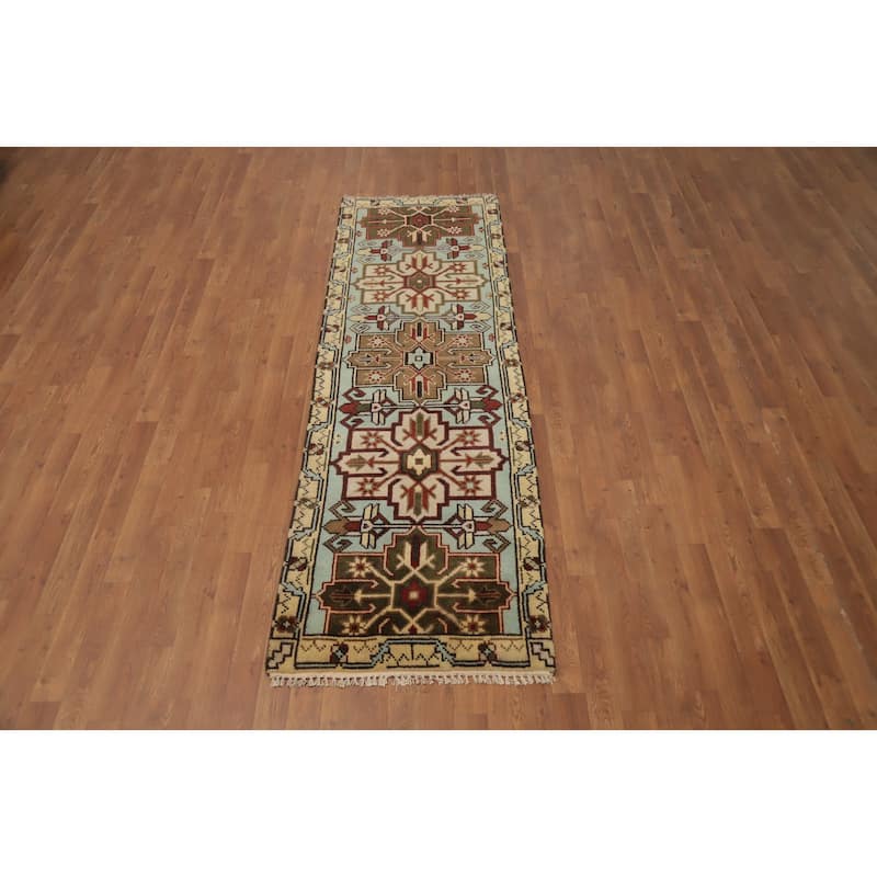 Hand Knotted Oriental 100% Wool Carpet Traditional Geometric Navy Blue & Blues Kazak Runner Rug - 7' 11'' X 2' 6''