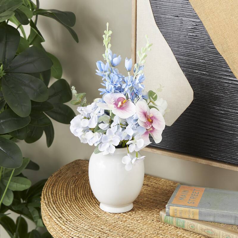 White Fabric Artificial Flower with Green Leaves and Round Ceramic Vase - White