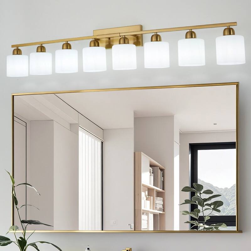 Modern Bathroom Vanity Light With Frosted Milk Glass Shades - 8-Lights - Gold