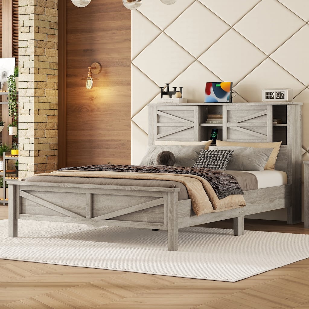 Farmhouse Platform Bed with Double Sliding Barn Door, Rustic Wood Bed