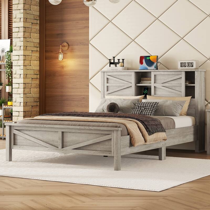 Farmhouse Platform Bed with Double Sliding Barn Door and Charging Station - Antique Gray - Queen