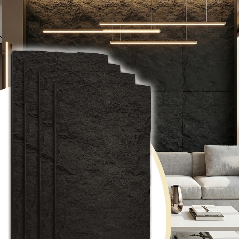 4Pcs 48"x24" 3D Faux Stone Wall Panels Imitation Decorative Wall Tiles for Interior Wall Decor - Carbon Black - Rock Texture