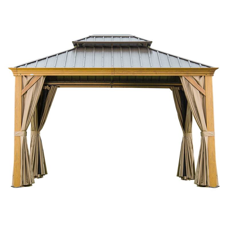 10'x12' Hardtop Gazebo with Aluminum Frame, Double Steel Roof, Mesh Netting & Privacy Curtains for Outdoor Use - Brown