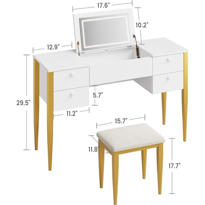 3-in-1 Vanity Desk with Flip Top LED Mirror, 5 Drawers, and Cushioned Stool
