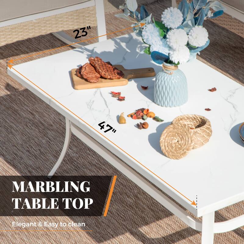 MAISON ARTS 5-Seat Patio Furniture Set, 2 x Cushioned Metal Chair, 1 x 3-Seat Sofa with Marbling Coffee Table
