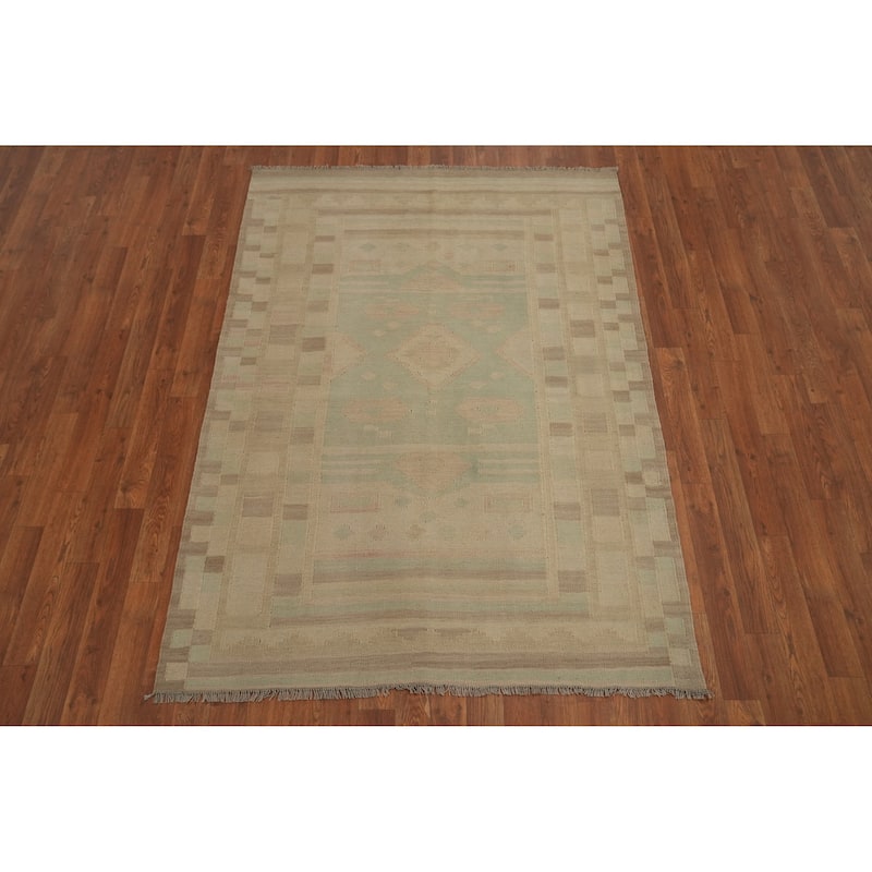 Hand Woven Oriental 100% Wool Carpet Southwestern Tribal Green Kilim Area Rug - 5' 9'' X 4' 2''