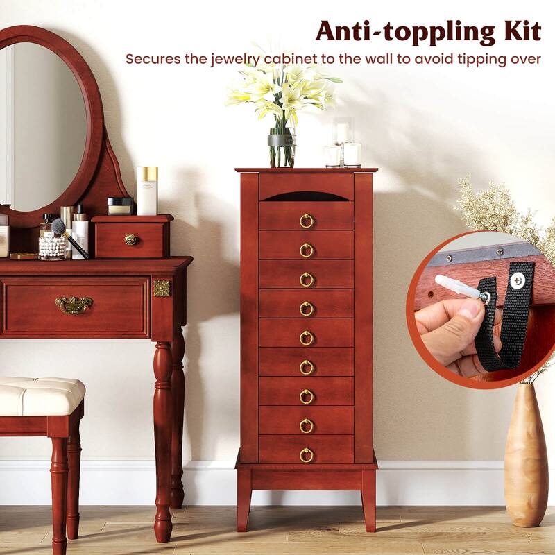 Costway Wood Jewelry Cabinet Armoire Storage Box Chest Stand Organizer - 10.5'' X16'' X40''