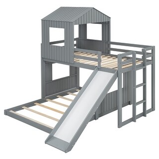 Cabin Design Twin Over Full Bunk Bed,Solid Wood Bed with Ladder and Guardrails