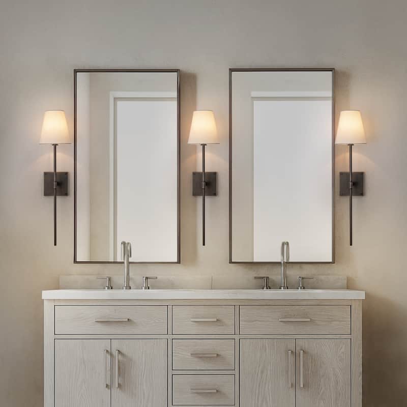 25" Tall Transitional Wall Sconce in Bronze with White Linen Shade Modern Farmhouse Fabric Wall Light Fixture(2 Pack) - W6"