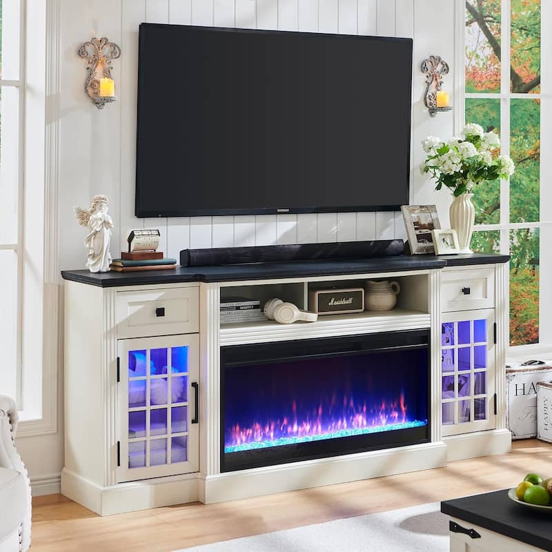 Farmhouse Fireplace TV Stand for 80 Inch TV, Entertainment Center - White