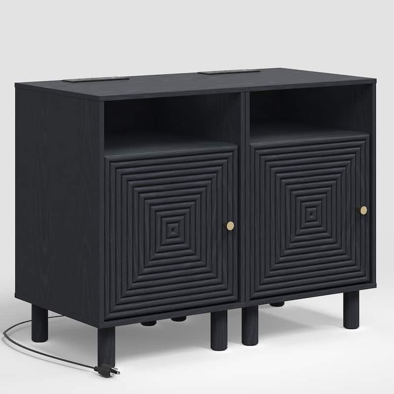 Nightstand Set of 2 with Charging Station and Solid Wood Legs