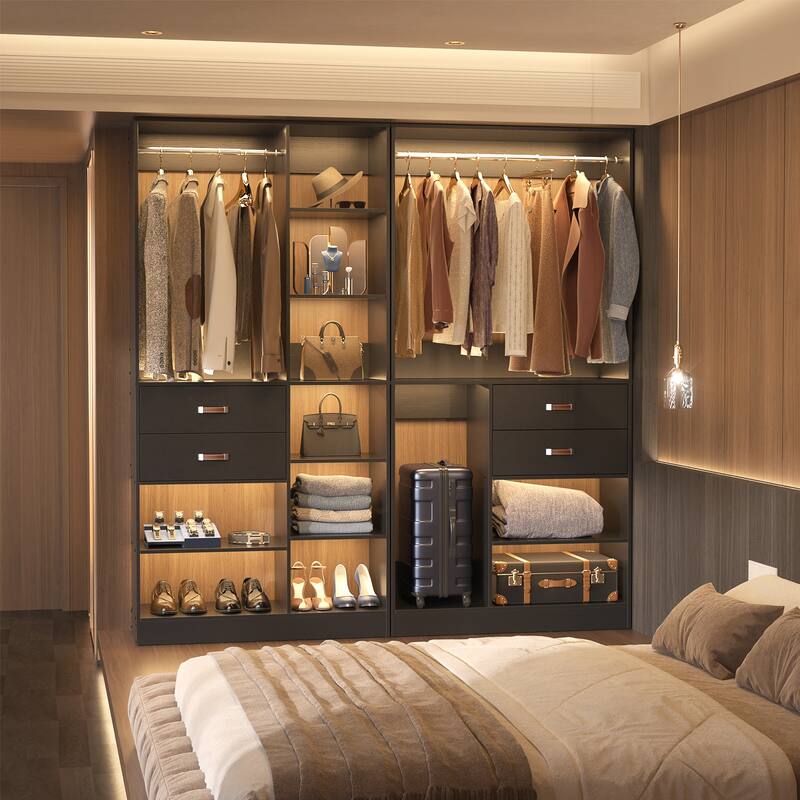 Rackcog Freestanding Closet Organizer with Hanging Rod, Closet System Wardrobe with Wood Drawers