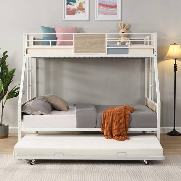 slide 2 of 12, Twin over Full Size Metal Bunk Bed with Trundle, Side Ladder and Full-Length Guardrail, No Box Spring Needed Brown+White