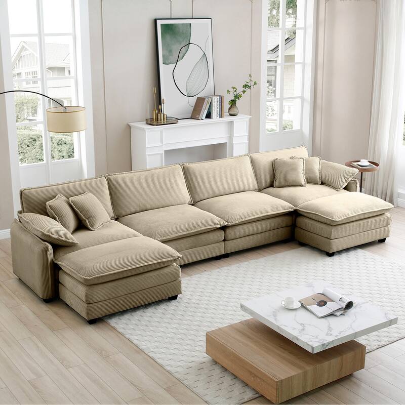 Tan 6-piece Corduroy U-Shaped Modular Sectional Sofa with 2 Ottomans - Tan
