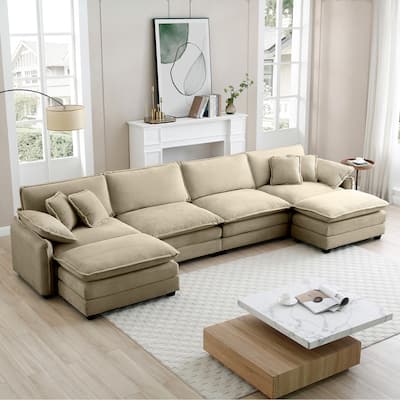 Tan 6-piece Corduroy U-Shaped Modular Sectional Sofa with 2 Ottomans
