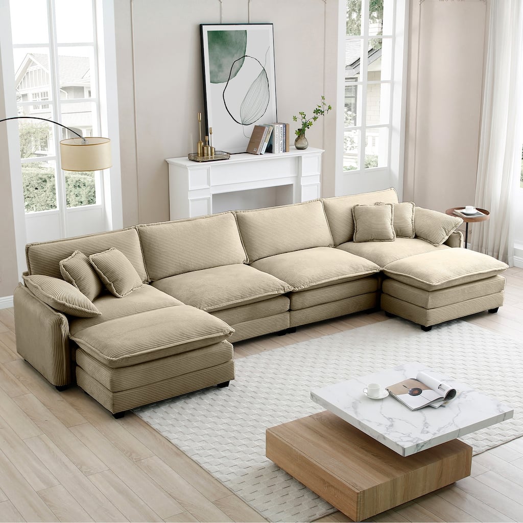 Tan 6-piece Corduroy U-Shaped Modular Sectional Sofa with 2 Ottomans