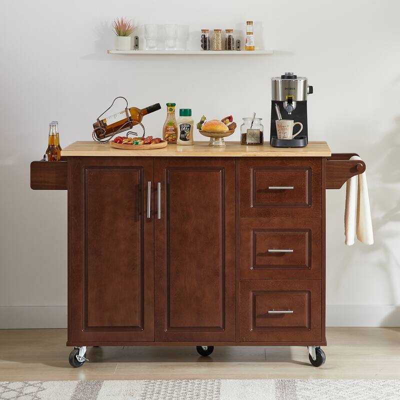 Anmytek White Rolling Kitchen Cart with Bamboo Top Drop Leaf Mobile Island Storage for Small Spaces