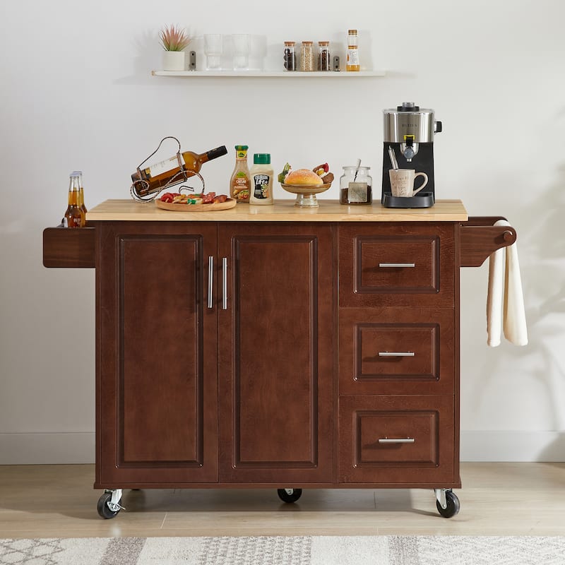 Kitchen Island Cart On Locking Wheels, Rolling Kitchen Island with Drop Leaf Countertop, Bar Cabinet with Cabinet & 3 Drawers