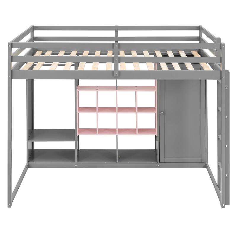 Space-Saving Wood Loft Bed with Wardrobe, Shelves, and Cabinet in Gray and Pink
