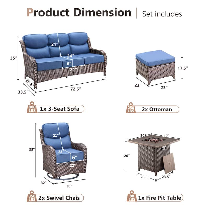Pocassy Outdoor 6" Sofa Swivel Chair Ottoman with Fire Pit Table